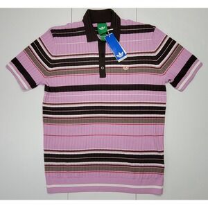 adidas Originals Mens Stripe Polo Pink Brown JN9733 Size Medium Knit Golf New